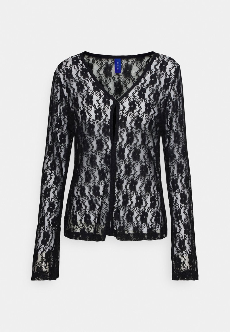 Cardigan en dentelle noire avec un col en V, des manches longues, des motifs floraux et une fermeture à boutons à l'avant. Texture délicate avec une apparence transparente.