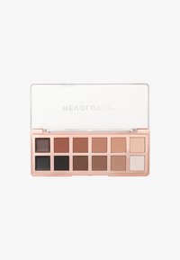 Øyeskyggepalett med 12 matte nyanser i nøytrale toner; fargene varierer fra dype brune til myke beige. Klar lokk med rose-gull detaljer.