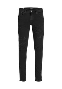 Jeans de mezclilla negra con un corte slim, que presentan detalles desgastados y parches deshilachados. Diseño estándar de cinco bolsillos, cierre de botón metálico.