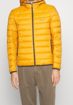 Mann trägt eine hellgelbe gesteppte Kapuzenjacke mit schwarzem Besatz und graue Hose, steht vor einfachem Hintergrund.