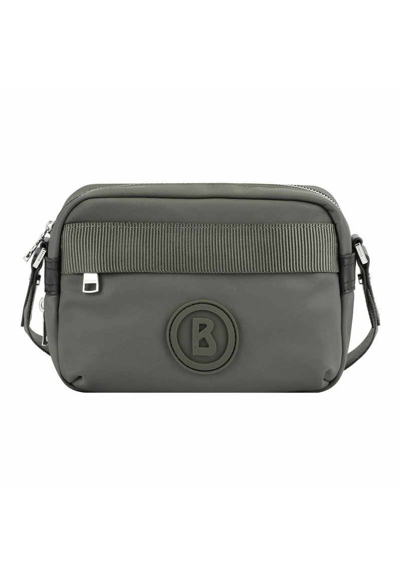 Borsa a tracolla grigia in nylon con banda superiore in tessuto a coste, logo in gomma e chiusura con zip. Presenta una tracolla regolabile e hardware minimale.