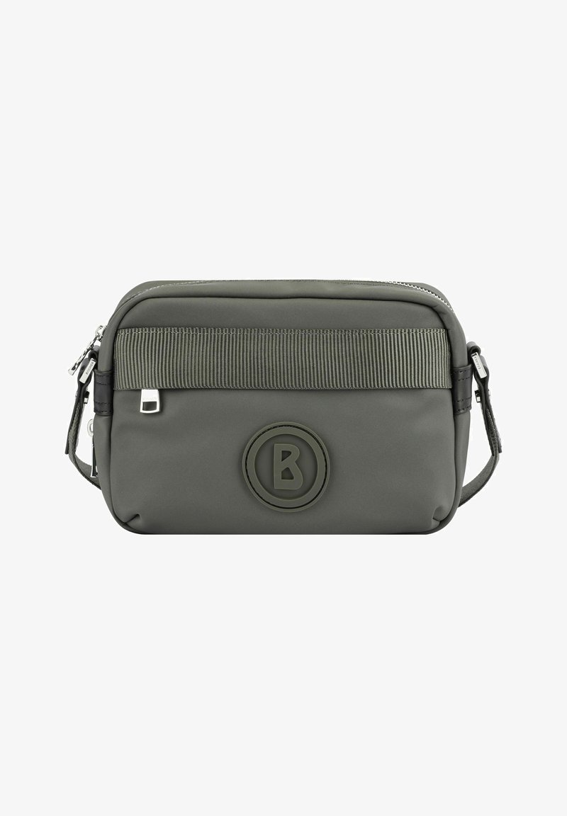 Bolso bandolera gris de nailon con una banda superior de tela acanalada, acento de logo de goma y cierre de cremallera. Cuenta con correa ajustable y hardware minimalista.