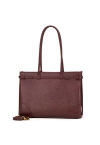 Bordowa skórzana torba typu tote z dwoma długimi uchwytami, teksturowanym wykończeniem, minimalistycznym designem oraz odczepianym paskiem dla wszechstronnych możliwości noszenia.