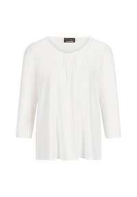 Top bianco a maniche lunghe con scollatura rotonda, caratterizzato da sottili pieghe sul davanti. Realizzato in un tessuto leggero e liscio. Nessun motivo presente.