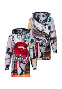 Hooded sweatshirt featuring a collage of vibrant graphics, including text and a red dripping heart design. Made from soft fabric, long sleeves.
