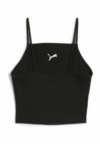 Čierny rebrovaný crop top s tenkými nastaviteľnými ramienkami a bielym logom Puma na hrudi. Mäkkučký materiál s priliehavým strihom.