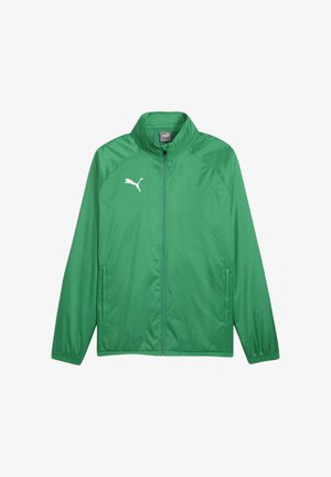 Groene lichte jas met een volledige rits, hoge kraag en zijzakken. Kenmerkt zich door een wit logo op de linkerborst. Lange textuur.