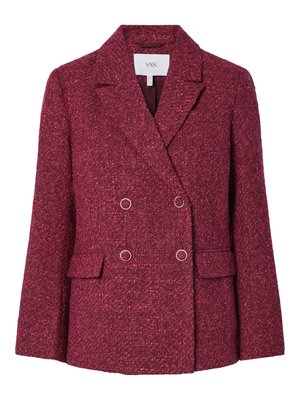 Double-breasted blazer in a textured burgundy fabric. Features notched lapels, two front pockets, and gold-tone buttons for closure.