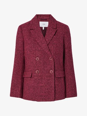 Double-breasted blazer in a textured burgundy fabric. Features notched lapels, two front pockets, and gold-tone buttons for closure.