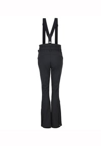 Zwarte sneeuwbroek met verstelbare bretels, taps toelopende broekspijpen en ritssluitingen bij de enkels voor ventilatie. Gemaakt van duurzaam, gestructureerd materiaal. Strak design.