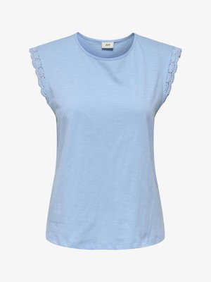 Haut sans manches bleu clair avec encolure ronde et bordure en dentelle sur les bords des épaules, étiquette JDY à l'intérieur du col.