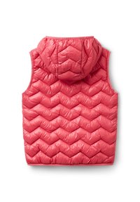 Red puffy vest with a chevron quilted pattern, featuring a hood and no sleeves. The fabric appears shiny and insulated.