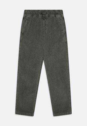 Dunkelgraue Cordhosen mit einem elastischen Bund, Kordelzug und Seitentaschen. Sie bestehen aus einem weichen, texturierten Stoff und haben gerade Beine.