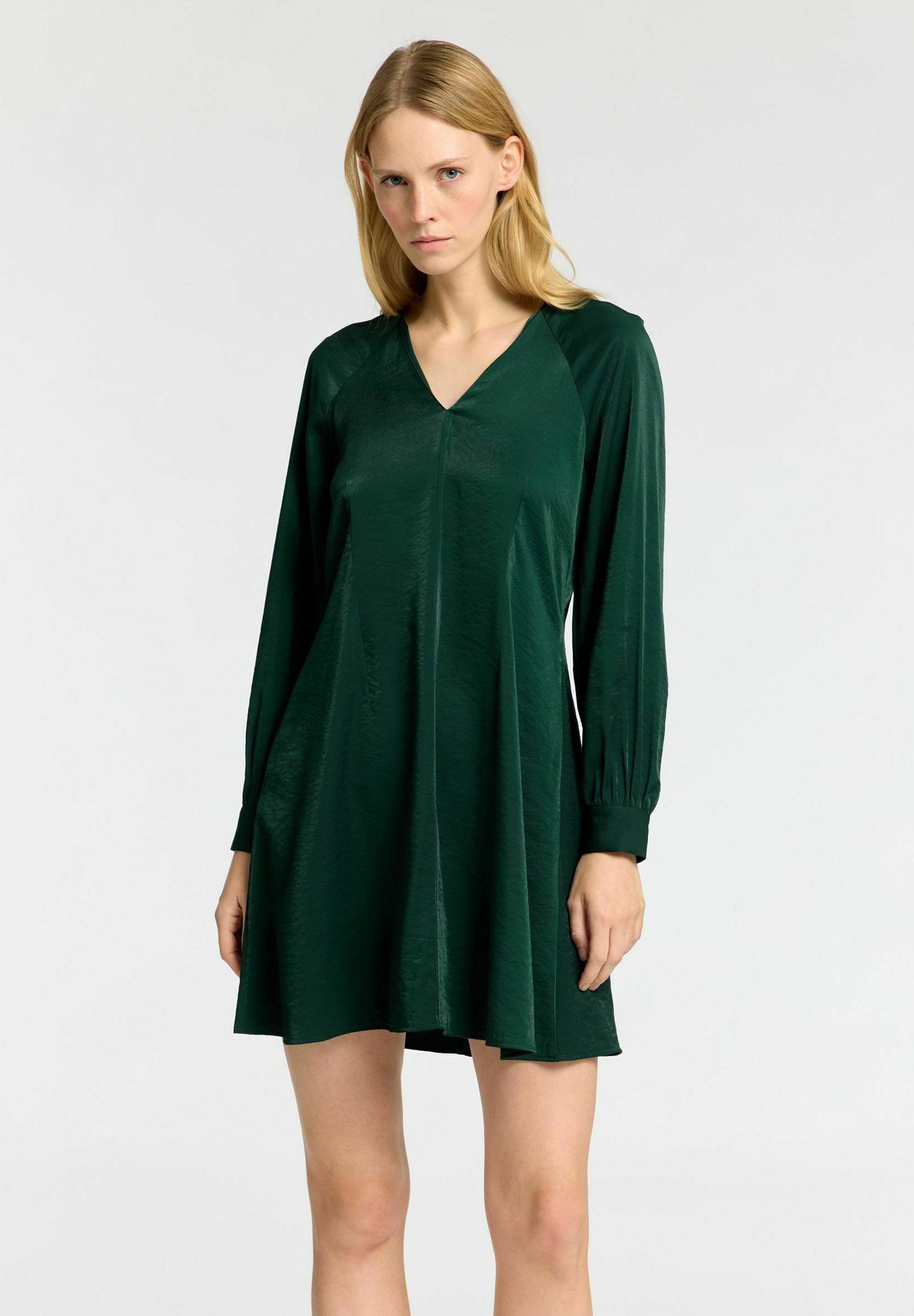 dark green long dress with sleeves Dark Green Prom Dresses V-Neck Puffy Sleeves A-Line Evening main image 1