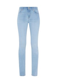 Jasnoniebieskie rurki wykonane z denimu, z wysokim stanem, pięcioma kieszeniami i zapięciem na guzik. Gładka faktura z minimalnym wyblaknięciem.