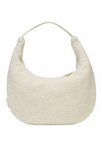 Sac en tissu blanc avec un extérieur texturé et pelucheux et une forme courbée. Il dispose d'une fine bandoulière de la même couleur et d'une fermeture éclair.