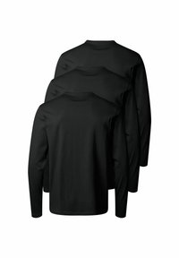 Drei schwarze Langarmshirts mit Rundhalsausschnitt, gefertigt aus einem weichen Stoff mit glatter Textur. Keine sichtbaren Muster oder Akzente.