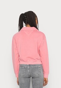 Felpa corta rosa chiaro con colletto, realizzata in materiale morbido. Presenta polsini a coste e un dettaglio posteriore a forma di V. Abbinata a jeans grigi.