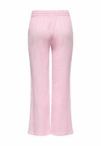 Pantaloni roz cu picioare largi, confecționați dintr-un material texturat, cu un brâu elastic și o croială lejeră, oferind un aspect moale și confortabil.