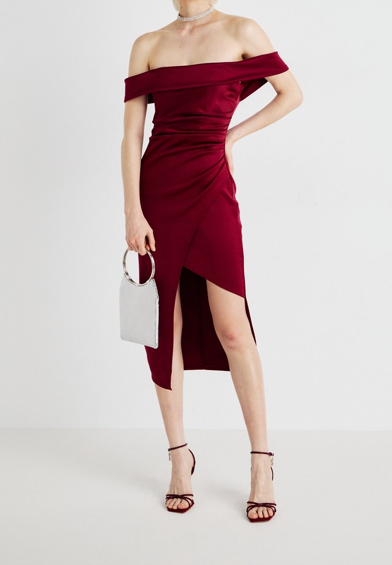 burgundy dress with silver heels Chiffon Bardot Cowl Neck Maxi Dress - Burgundy Red