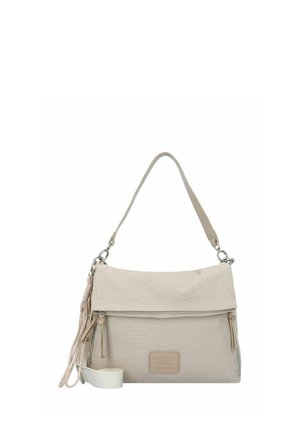 Beige Canvas Schultertasche mit Reißverschluss oben, verstellbarem Schulterriemen und zwei vorderen Reißverschlusstaschen. Mit einem dekorativen Quast und Logo-Patch.