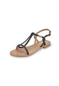 Sandal in pelle nera con design a T, dettagli intrecciati e cinturino alla caviglia regolabile. Suola piatta con interno beige. Accento con logo dorato.