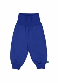 Pantaloni della tuta blu con una ampia vita elastica e polsini raccolti. Tessuto morbido con un'etichetta decorativa verde sul lato inferiore.