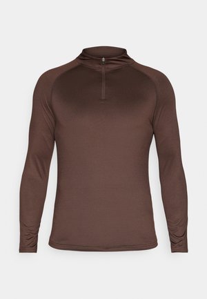 Bruine atletische shirt met lange mouwen en een kwartrits kraag, gemaakt van gladde, rekbare stof.
