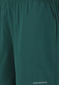 Dunkelgrüne Sportshorts mit elastischem Bund und seitlicher Tasche, mit kleinem „ENDURANCE“-Logo nahe dem unteren Saum.