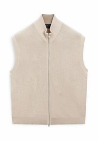 Beige ärmellose Strickweste mit hohem Kragen, Frontreißverschluss, gerippter Struktur und tailliertem Saum.