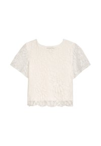 Weißes kurz geschnittenes Top aus strukturiertem Spitze, mit kurzen Ärmeln und einem gewellten Saum mit geschichteten blattähnlichen Mustern.