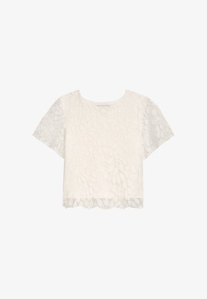 Weißes kurz geschnittenes Top aus strukturiertem Spitze, mit kurzen Ärmeln und einem gewellten Saum mit geschichteten blattähnlichen Mustern.