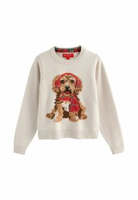 Beige gestrickter Pullover mit einem Hundedesign, der rote Kopfhörer und einen Schal trägt. Rippbündchen und Saum; gemusterter Innenkragen.