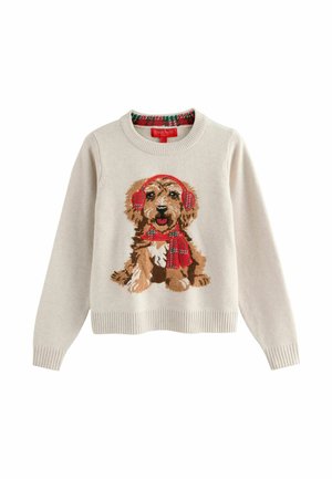 Beige knitted sweater featuring a dog design with red headphones and scarf. Ribbed cuffs and hem; patterned inner collar.
