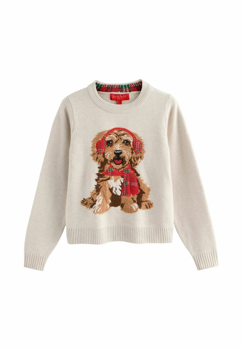 Beige gestrickter Pullover mit einem Hundedesign, der rote Kopfhörer und einen Schal trägt. Rippbündchen und Saum; gemusterter Innenkragen.