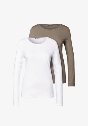 Witte en bruine langemouwen shirts met ronde hals, gemaakt van zachte stof, met eenvoudige ontwerpen zonder patronen of versieringen.