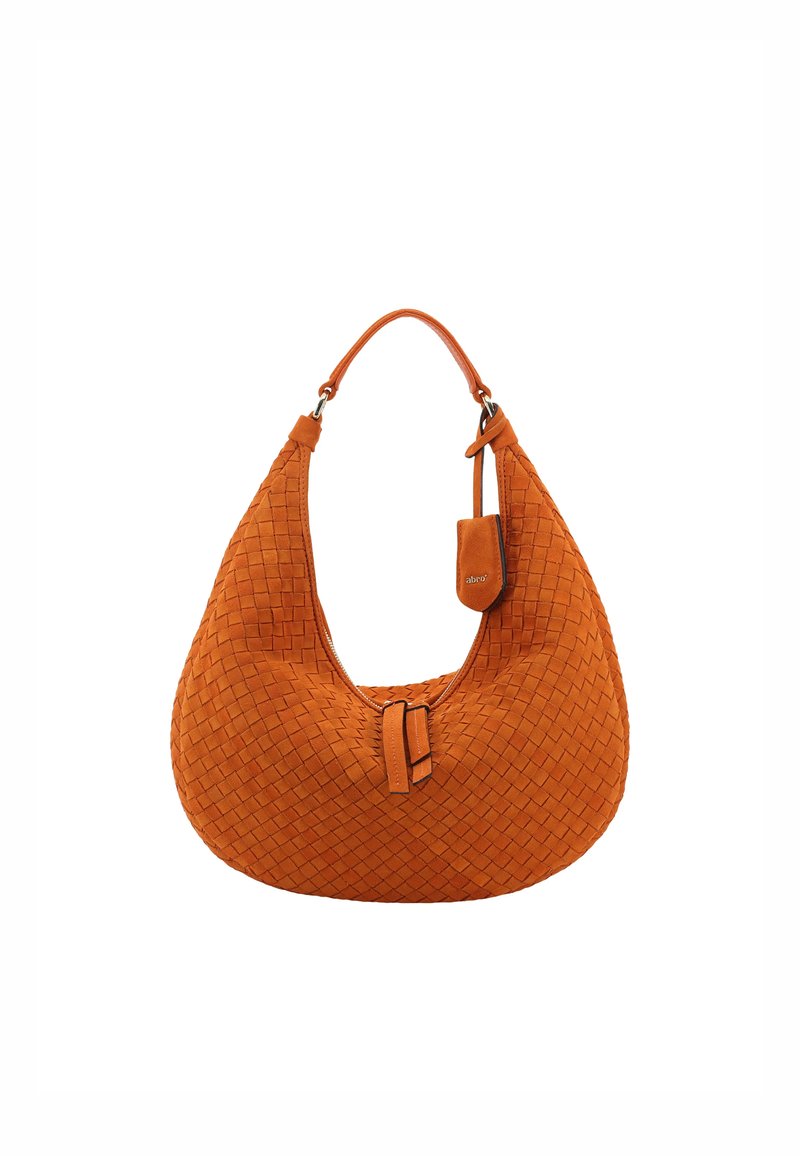 Geflochtene orangefarbene Lederhandtasche mit geschwungener Form, breitem Griff und dekorativem Verschlussdetail. Verfügt über ein kleines Lederetikett.