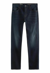 Donkerblauwe denim jeans met een rechte pasvorm. Beschikt over vijf zakken, subtiele vervaging en contrasterende stiksels. Met knoop- en ritssluiting.
