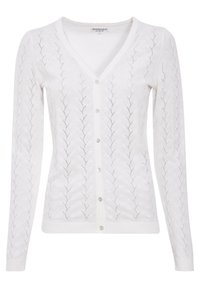 Bílý cardigan s výstřihem do V, zdobený texturovaným listovým vzorem a knoflíky vpředu. Dlouhé rukávy a žebrované manžety a lem.