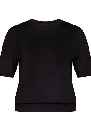 Maglione nero a maniche corte realizzato in tessuto morbido, con scollatura rotonda e orlo a coste, caratterizzato da una vestibilità comoda e una superficie liscia.