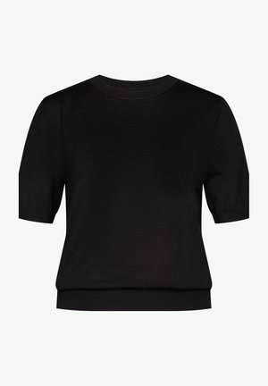 Kurzärmliger schwarzer Pullover aus weichem Stoff mit rundem Ausschnitt und geripptem Saum, der eine lockere Passform und glatte Textur aufweist.