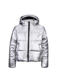 Zilveren pufferjack met een capuchon, voorzien van een gequilt ontwerp, ritssluiting en zijzakken. Gemaakt van glanzend, glad materiaal.
