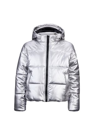 Silberne Pufferjacke mit Kapuze, ausgestattet mit einem gesteppten Design, Reißverschluss und seitlichen Taschen. Hergestellt aus glänzendem, glattem Material.