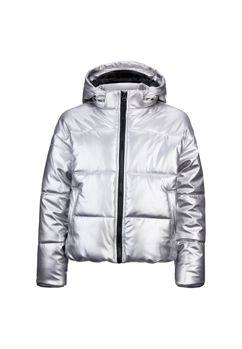 Zilveren pufferjack met een capuchon, voorzien van een gequilt ontwerp, ritssluiting en zijzakken. Gemaakt van glanzend, glad materiaal.