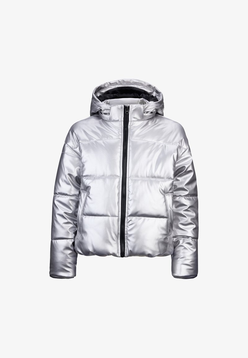 Zilveren pufferjack met een capuchon, voorzien van een gequilt ontwerp, ritssluiting en zijzakken. Gemaakt van glanzend, glad materiaal.