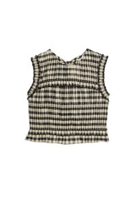 Svart och elfenbensprickig ärmlös topp med volanger, en samlad design och en något utsvängd nederkant. Baksidan har en nyckelhålsöppning.