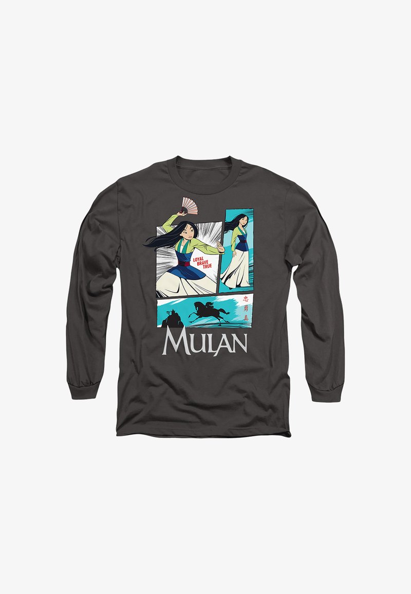 Long-sleeve black shirt with Mulan illustrations, showing her holding a fan, standing, a horse silhouette, and text "Loyal Brave True" and "Mulan."