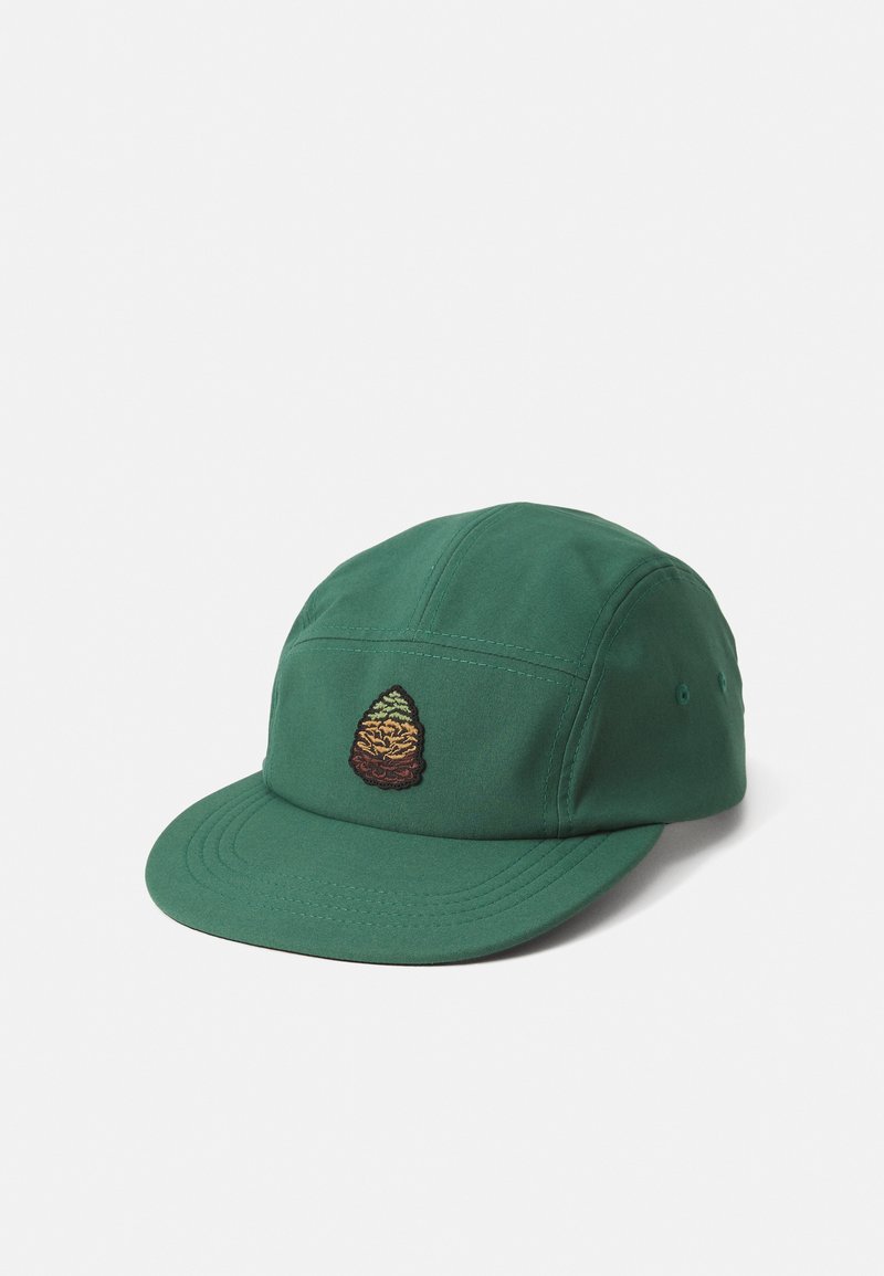 Green five-panel cap with embroidered pine cone design on front, set against a white background.