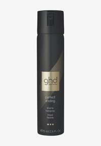 Zwarte haarlakcan, gelabeld "ghd perfect ending" in goud, met een slank ontwerp en cilindervorm, met een spuitmondje aan de bovenkant.