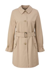 Beige trenchcoat met een grote kraag, drie knopen aan de voorkant, een riem in de taille en zijzakken. Gemaakt van gladde stof met een subtiele textuur.